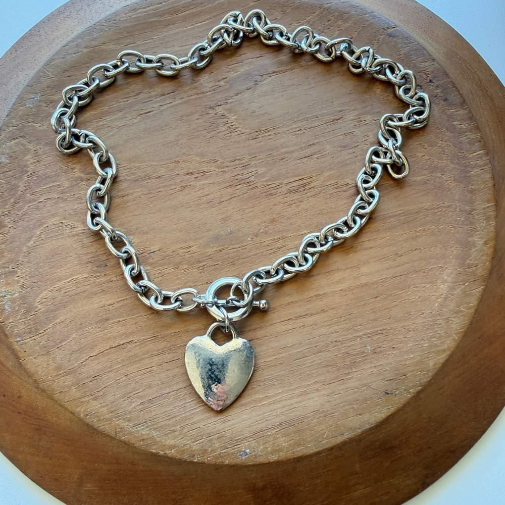 Silver Tone Cable Link Heart Pendant Toggle Clasp Necklace
